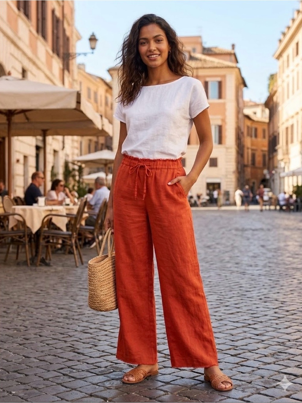 Madewell Linen Wide-Leg Pants in Rust Orange